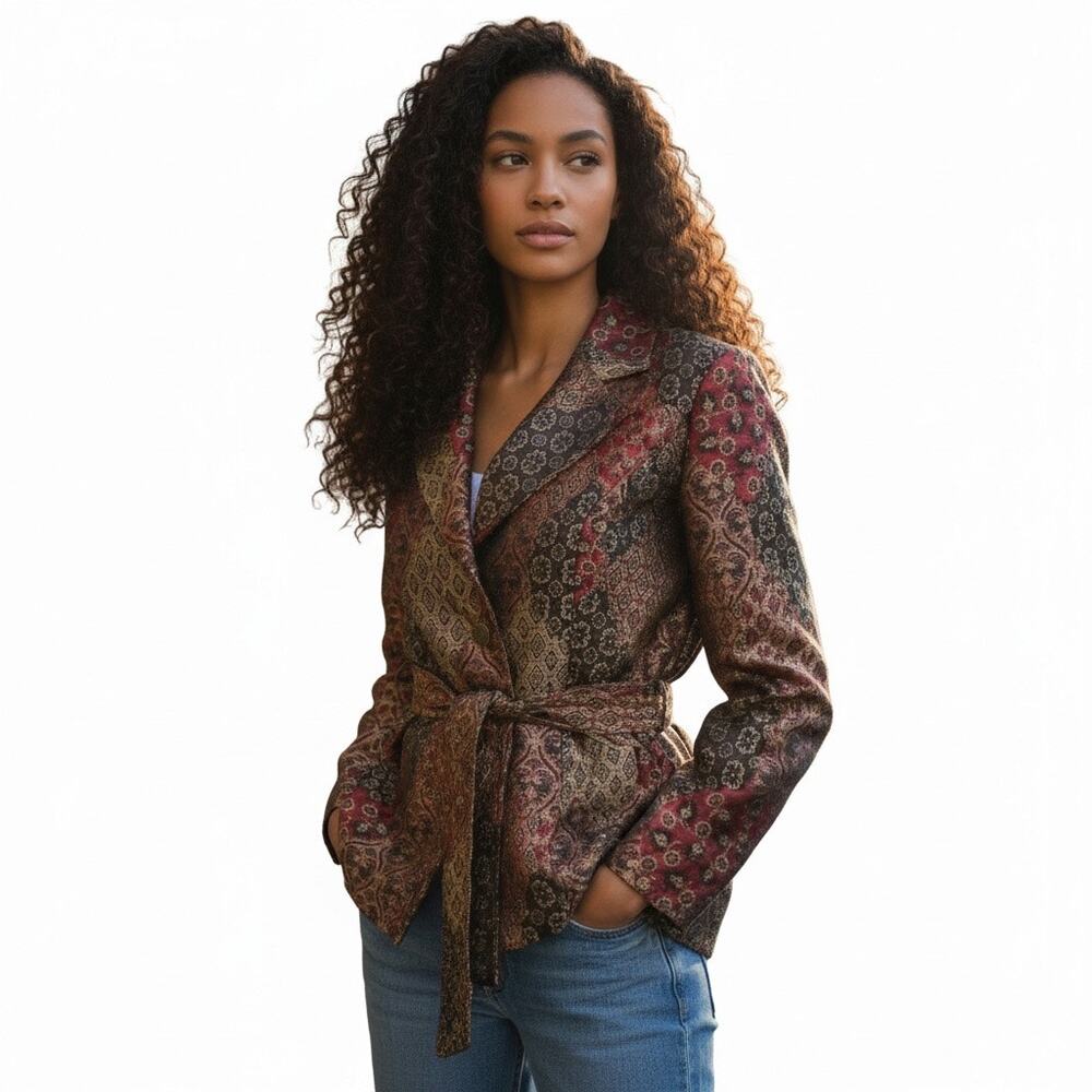 Cache Textured Brocade Jacket Belted Lined Sz 6